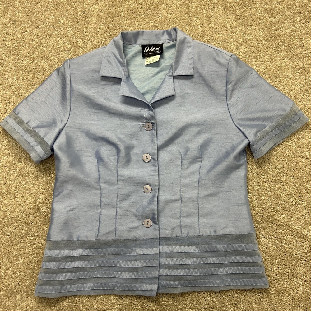 Vintage Jolibel Blouse Womens Petite 6 Blue Button Up Short Pleated Hem Top